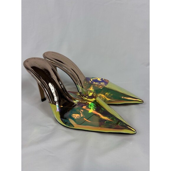 Good American PVC Mules Clear Rainbow Size 7.5 Point Toe Iridescent Stiletto - Picture 1 of 12